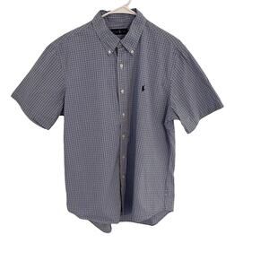 Ralph Lauren Plaid Dress Shirt Mens Size Large Blue Short Sleeves Classic Preppy